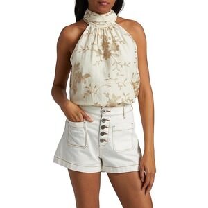 Ramy Brook Cara Lurex Halter Top Cream Metallic Linen Embroidered Floral NWT M